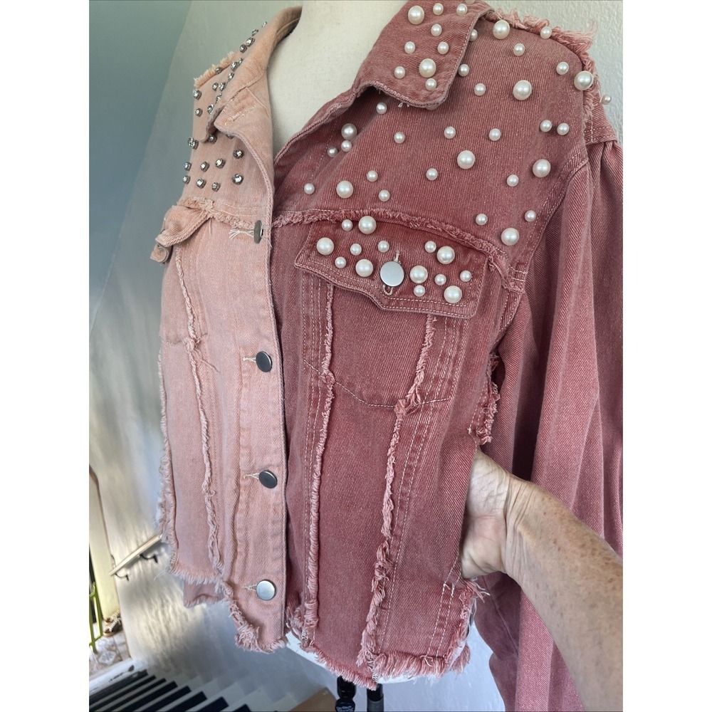POL Pearl & Rhinestone NWOT Colorblock Pink & Raspberry Denim Jacket Oversized S - Picture 7 of 8